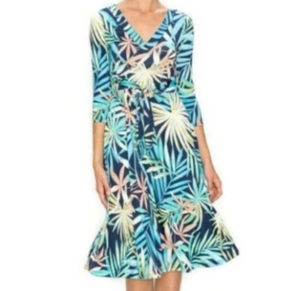 Janette Fashion Blue Palm Tree Leaves Faux Wrap Knee Length Dress